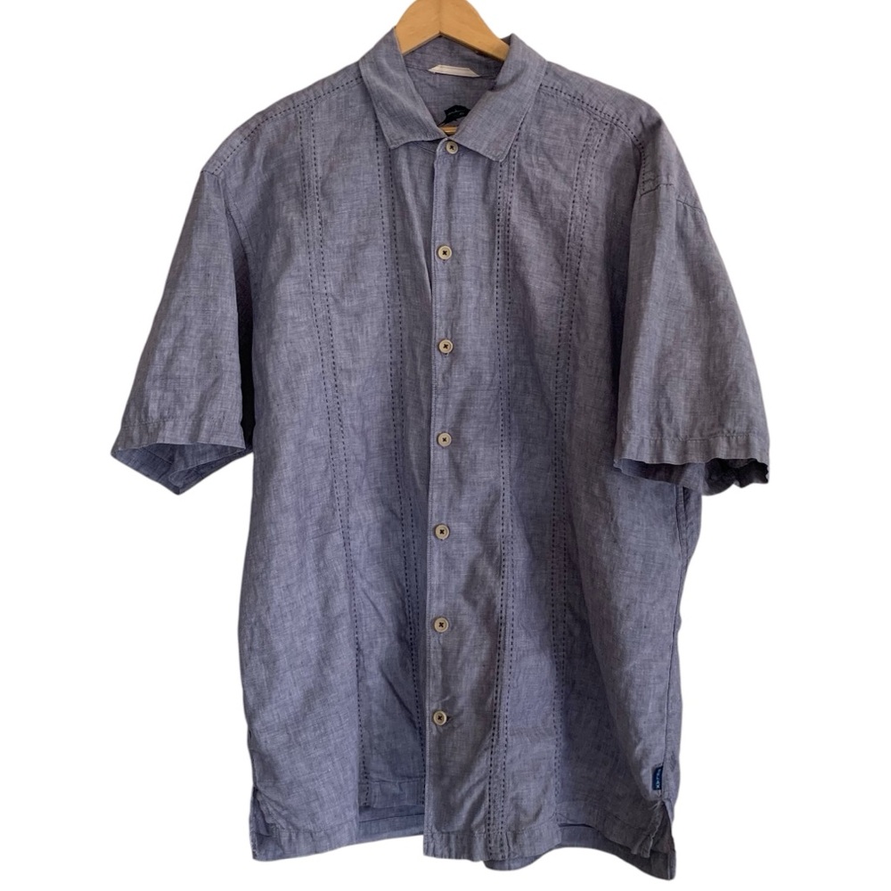 Tommy Bahama Men’s Size XLX 100% Linen Short Sleeve Blue Button Up Shirt - FLAW!